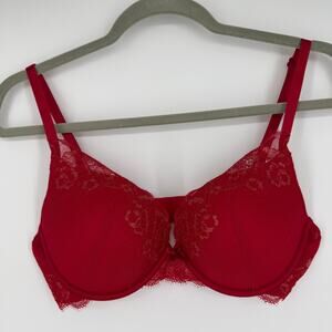 Ambrielle Plunge Push Up Bra SZ 36D Red Lace Gold Sparkle